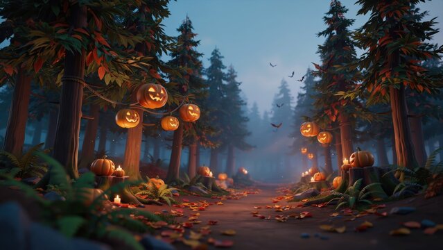 A spooky halloween themed forest path lit by glowing jack o lantern pumpkins