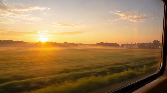 View from a moving train window of flat agricultural fields at sunrise. Fast morning commute through rural landscape with mist