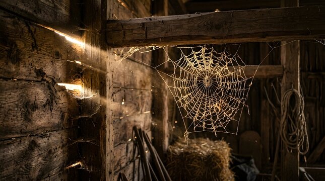 Intricate spider web glowing in golden sunlight inside a rustic wooden barn interior scene