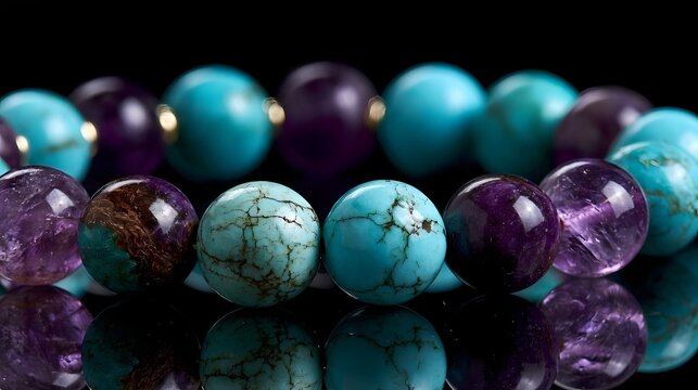 A close up of a luxurious gemstone bracelet composed of turquoise and amethyst beads arranged in an alternating pattern