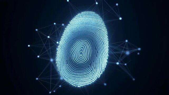 Digital fingerprint with connected network nodes on dark background