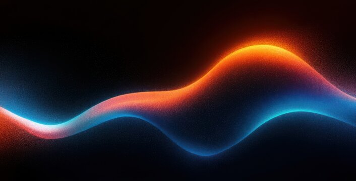 Glowing orange and blue flowing energy waves with fine particle texture on a dark background, conveying serene dynamism and futuristic mystery
