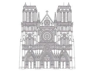 Obraz premium Gothic Cathedral Facade Line Art – Detailed Religious Architecture Vector Illustration 
