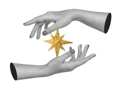 Surreal art collage with human hands holding a golden star on transparent background. Concept of hope, success, inspiration, creative power and making dreams come true