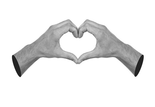 Creative mixed media collage with male human hands forming a heart shape on transparent background. Concept of love, unity, emotional connection and support