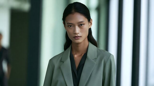 A woman with dark hair pulled back stands confidently wearing a structured blazer over a black shirt against a modern architectural background