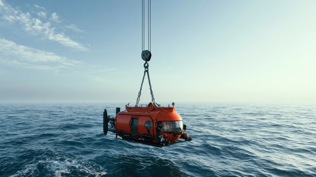 Orange deep-sea submersible lowered into ocean by crane