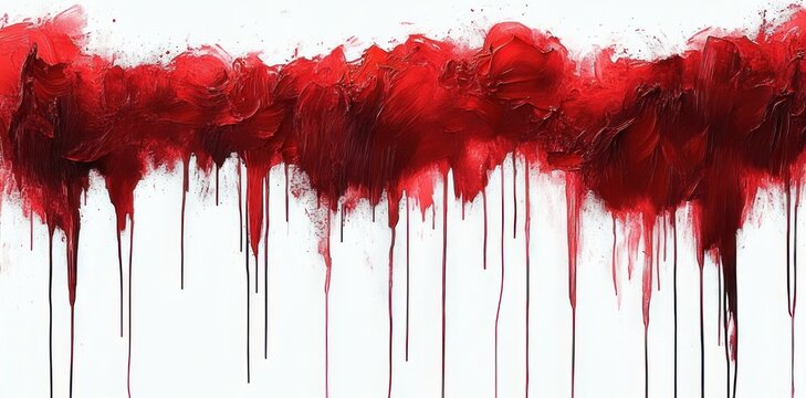 thick crimson paint band across white canvas with heavy textured brushstrokes and long dripping streaks, visceral and dramatic