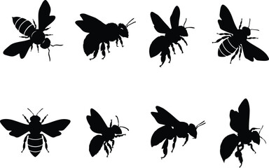 Fototapeta premium Flying Bee Silhouette Vector Collection Featuring Honey Bees Pollinator Insect Icons for Nature and Agriculture Design