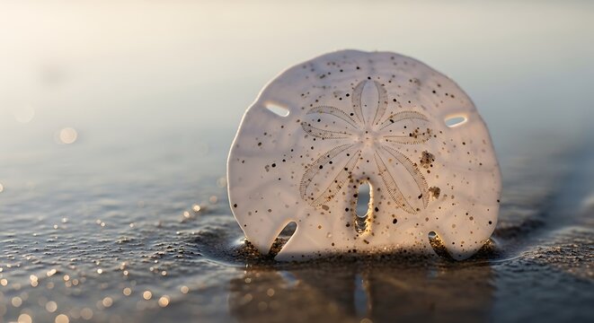 White sand dollar shell on the beach shore at sunset