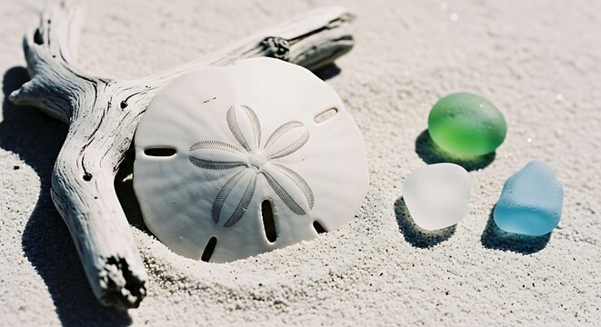 Sand dollar shell and sea glass on white beach sand