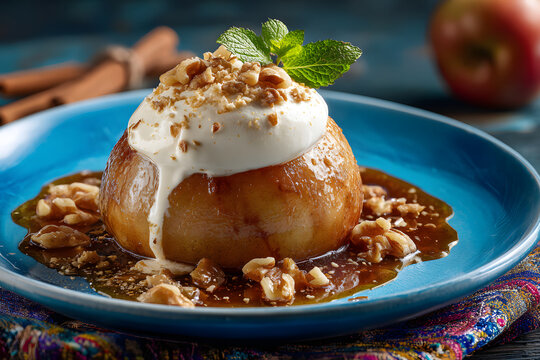 Traditional Bosnian halal Tufahija whole poached apple with whipped cream and walnuts on blue plate, close up view.
