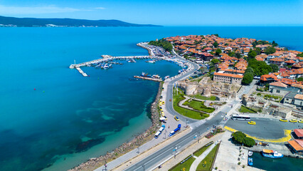 Fototapeta premium Aerial view of Nessebar ancient old town peninsula on the Black Sea coast in Bulgaria