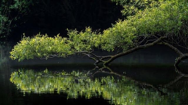 Single willow branch extending above calm reflective lake surrounded by lush green foliage in peaceful natural environment