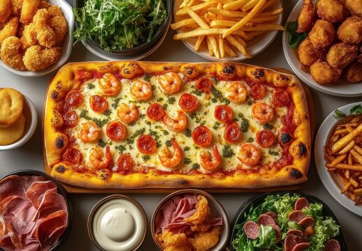 rectangular shrimp and pepperoni pizza with melted cheese and herb drizzle surrounded by bowls of fries, fried bites, salads, sliced cured meats and creamy dipping sauce, indulgent feast