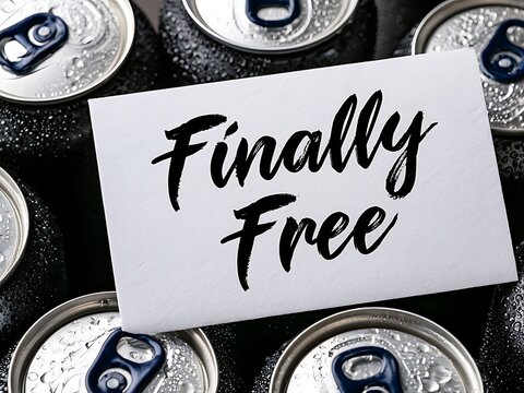 Finally Free handwritten note on cold wet aluminum beverage cans covered in water drops