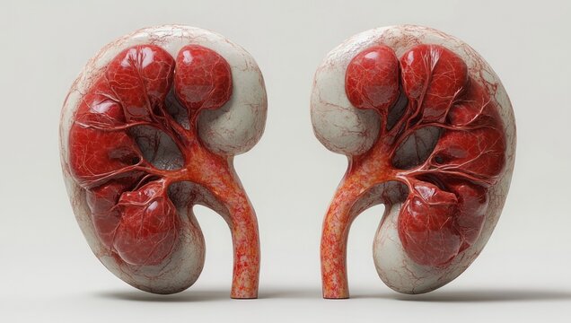 realistic pair of human kidneys showing cutaway internal structures, blood vessels and ureters on a clean white background, clinical and detailed medical depiction