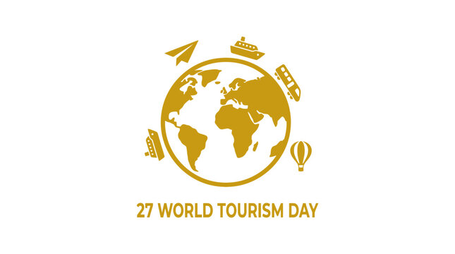 Gold globe with travel icons for tourism day