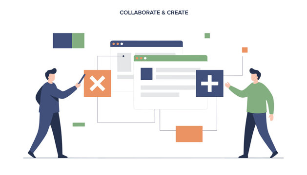 Two designers collaborating on user interface development and choosing interactive options for a new application.