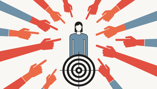 Vulnerable woman standing as a target while multiple hands point at her to depict blame, criticism, and social pressure.