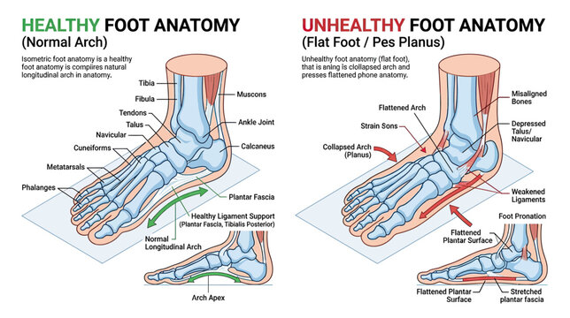 Healthy vs Unhealthy Foot Anatomy: Normal Arch vs Flat Foot Comparison