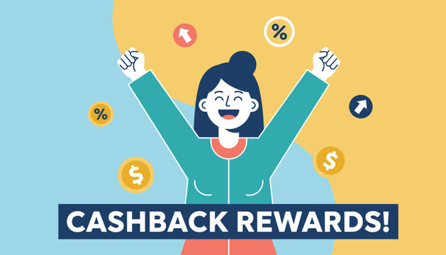 Exciting cashback rewards concept showing a happy young woman raising her hands in celebration with money icons.