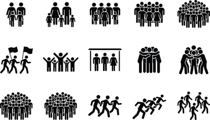 Naklejka premium People Silhouette Icon Collection with Family Crowd Teamwork Walking Running and Community Symbols Vector Set