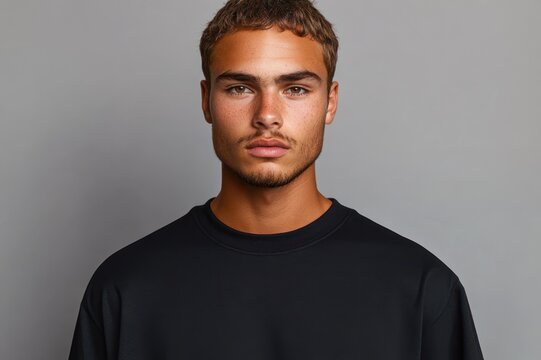 Head-and-shoulders portrait of a person with short brown hair wearing a black sweatshirt against a gray background, neutral expression, face pixelated to conceal identity