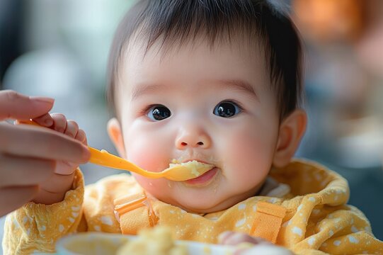 adult hand spoon-feeding a baby in a yellow patterned hoodie during a cozy nurturing mealtime
