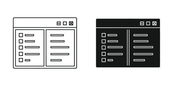 Web browser window interface set in outline and solid black style for software development and ui tasks