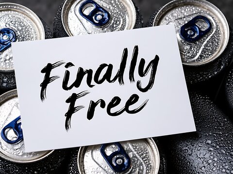 Finally Free handwritten note on cold wet aluminum beverage cans covered in water drops