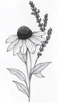 delicate botanical line drawing of a coneflower with drooping petals, textured central cone, slender leaves and tall lavender spikes conveying calm elegant simplicity