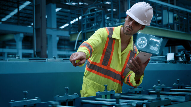 Ai using. Engineers and technicians use AI inspect industrial equipment. Worker using Ai digital tools and augmented reality technology to inspect industrial machinery. Smart ai factory innovation.