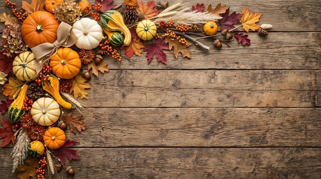 Halloween autumn harvest decor with pumpkins and leaves on wooden background