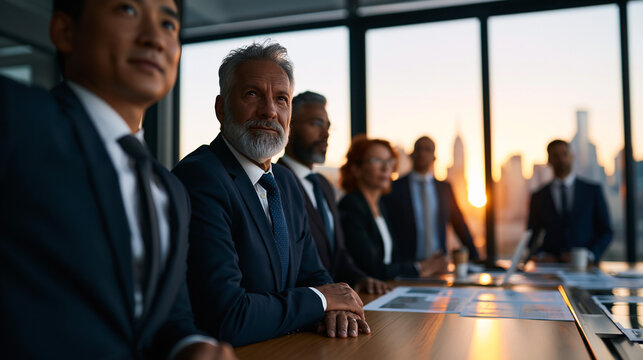 Cinematic wide-angle shot of a diverse senior leadership team of Asian European and North American executives in a post-board presentation debrief inside a premium luxury corporate