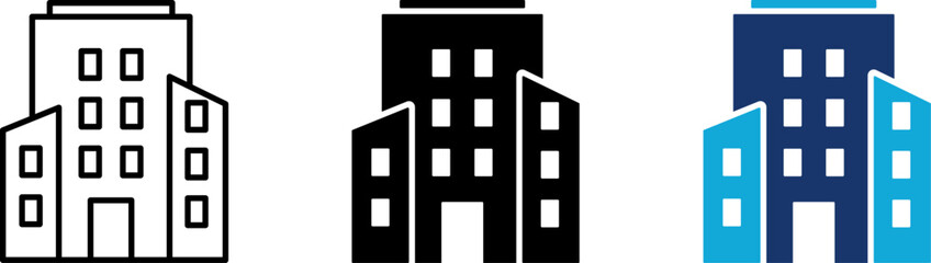 Office building icon set, corporate company headquarters, city skyscraper architecture, real estate property, commercial apartment tower, line and flat color style illustration graphic design. © Shahar