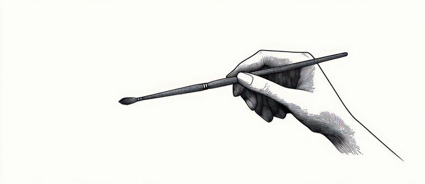 monochrome ink illustration of a hand holding a long paintbrush, poised and focused with detailed cross-hatch shading on a white background