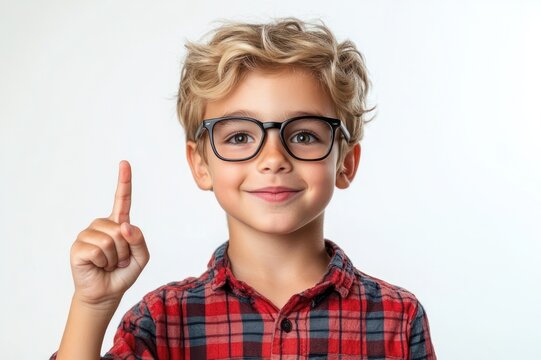 young blonde boy with pixelated face in red plaid shirt raising index finger against white background showing curiosity