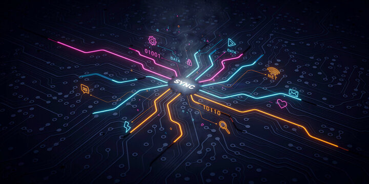 Abstract digital data processing central processing unit concept with neon light paths processor technology connection electronic computing innovation abstract background information