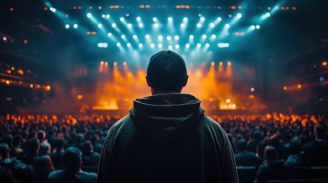 silhouetted person in hoodie and cap watching a packed live concert with dramatic blue and orange stage lights, fog and a buzzing crowd, feeling awe and anticipation