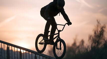 Obraz premium A person rides a BMX bike while balancing on a metal railing during sunset with an orange sky background