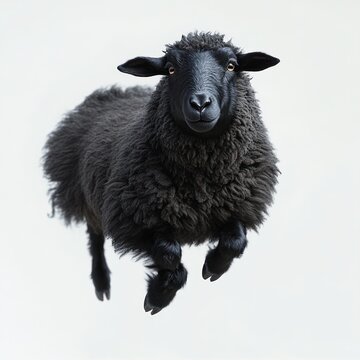 black fluffy sheep suspended mid-jump, front-facing portrait with curious playful expression on plain white background