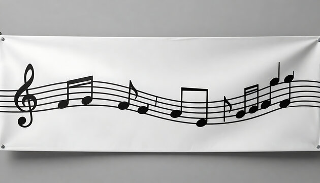 Wavy musical staff banner with black notes on white background