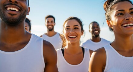 Obraz premium Group Of Happy Multiethnic Friends In White Tank Tops Smiling Brightly Against Clear Blue Sky