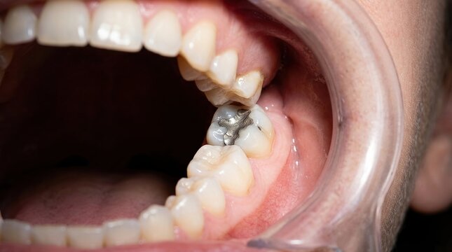 Restorative dental filling, tooth repair, oral health concept with close up of dental filling in molar.