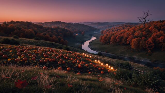 Sweeping autumn landscape with a winding river and glowing pumpkins at sunset