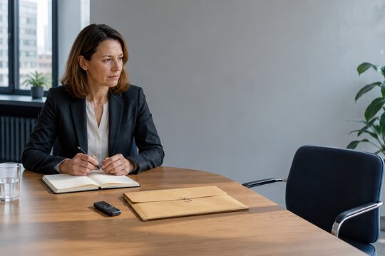 Internal AI Review Meeting with Compliance Officer and Empty Chair
