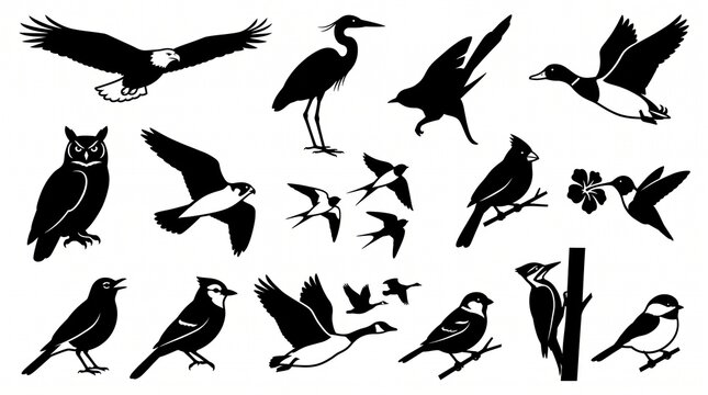 The picture shows a collection of silhouettes of various kinds of birds in black on a white background. Each bird is depicted in a different position and shape, making it look like a set of illustrati