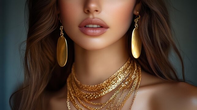 Close-up of woman's lower face, neck and hair adorned with layered gold chains and large oval gold earrings, conveying glamorous sensual elegance