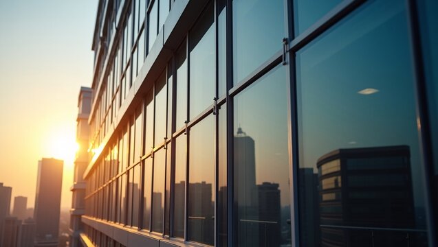Office glass facade reflecting golden sunset and downtown skyscrapers